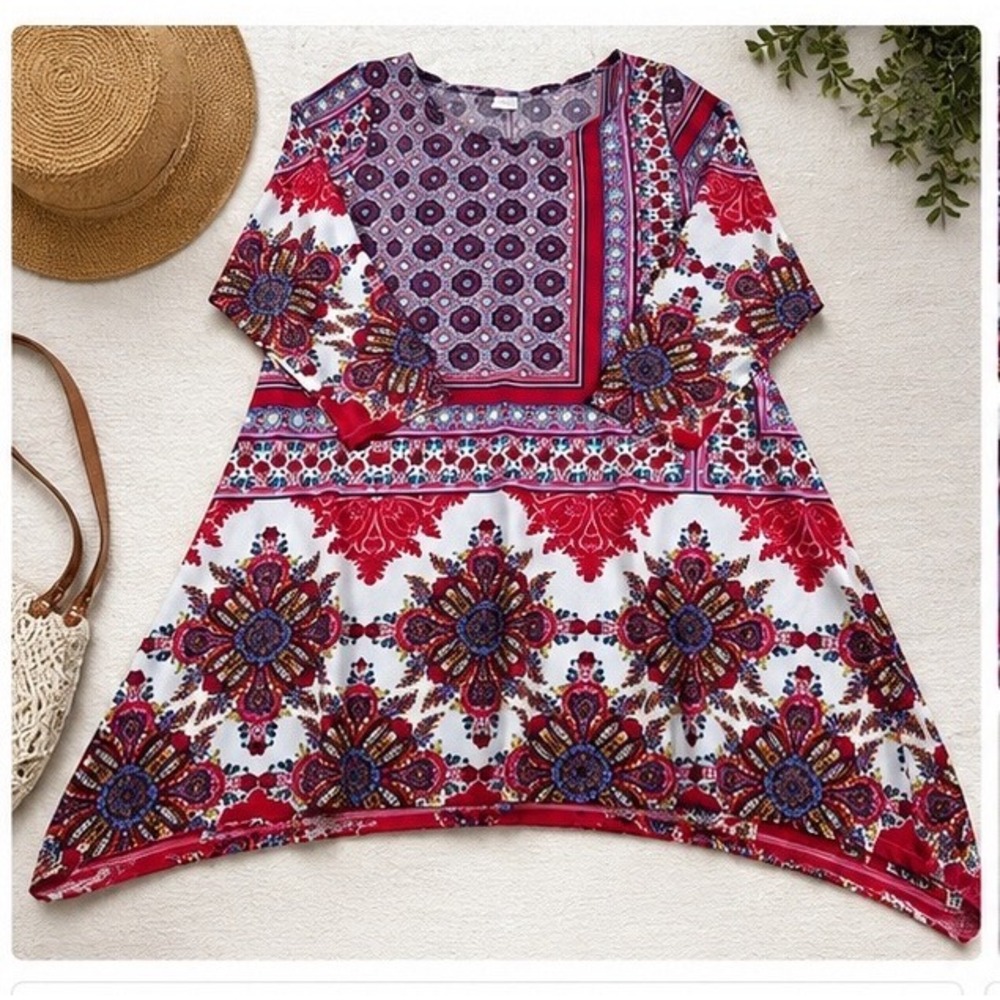 Boho Medallion‎ Tunic Top Womens XL Multicolor Sharkbite Hem 3/4 Sleeve